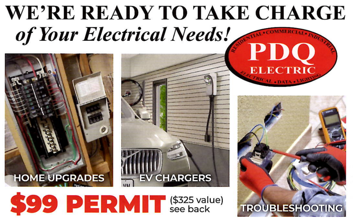 PDQ Electric flyer showcasing $99 permit offer and expert home electrical services.